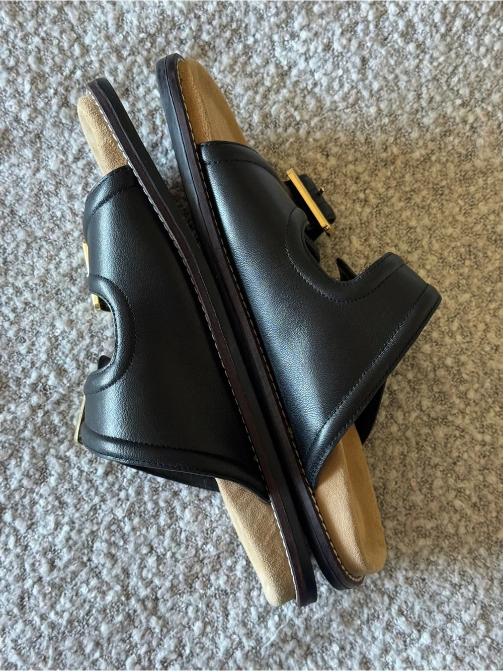 Free People Double Buckle Slide Sandals | Size 8.5 | Black + Gold